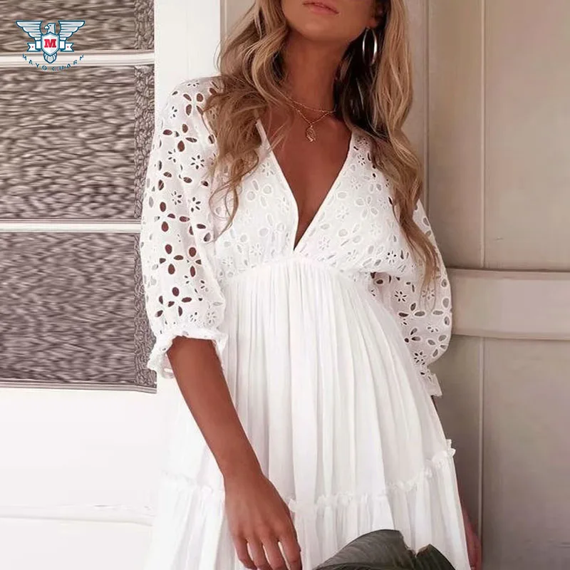 Женская туника-платье, пляжный летний сарафан, Vestidos, глубокий v-образный вырез, белые платья Jurken, женское сексуальное пляжное платье для вечеринки, парео, Vestido - Цвет: Слоновая кость