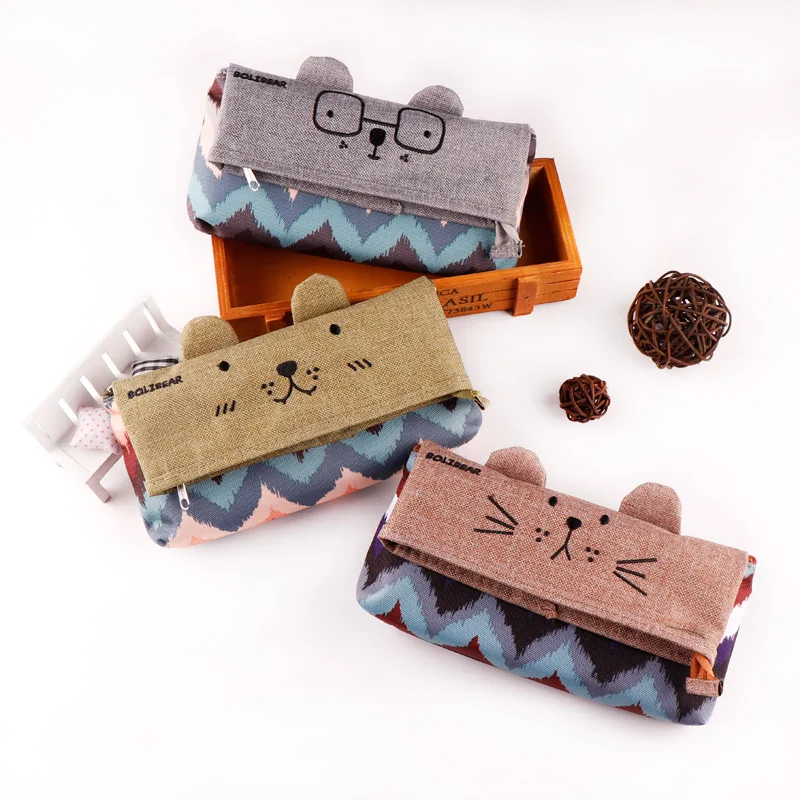 

Cute retro pencil case student stationery Creative school supplies Flip cover pencil pouch 2 zippers pencil bag