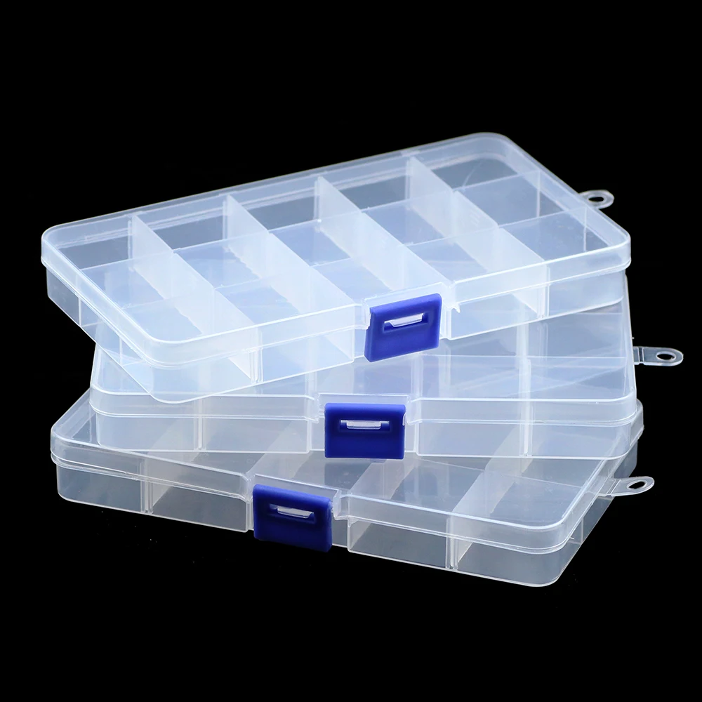 JHNBY Adjustable 15 Slots Plastic Jewelry Box Rectangle Storage Case Craft Container for Beads Earrings Rings Display Gift Boxes