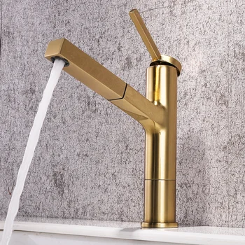 

Nordic Brass Brushed Gold Pull-out Faucet One Handle Hot and Cold Watertap Rotating Basin Faucet Single Lever with Deck Plate