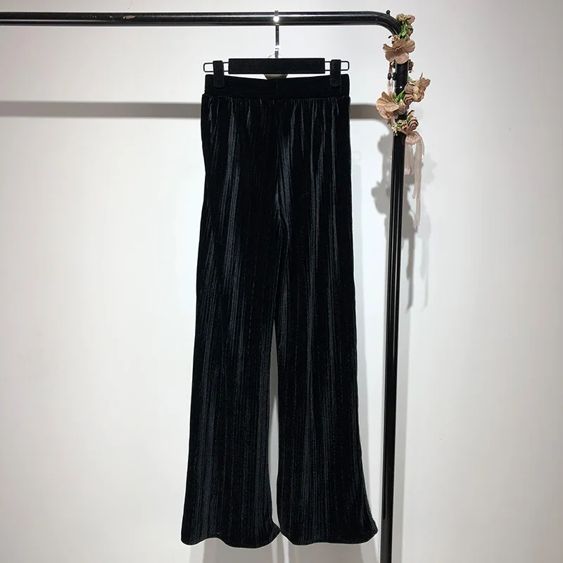 Новые весенние женские брюки костюм с бриллиантами черные бархатные подтяжки слинг топ+ Высокая талия бархатные широкие брюки