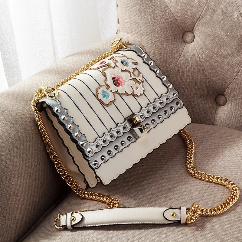 Брендовая сумка, женские сумки-мессенджеры, сумки с вышивкой и заклепками, сумка через плечо на цепочке для женщин, сумки через плечо, дизайнерские сумки 963