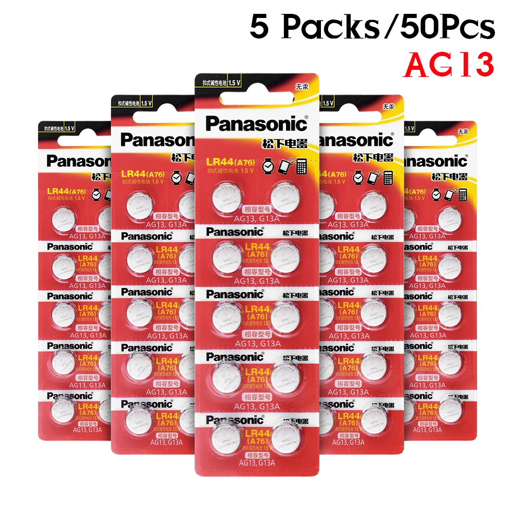Panasonic 50 шт. 1,5 V кнопочный элемент Батарея lr44 Литиевые Батарейки-таблетки A76 LR1154 357A SR44 AG13 G13A LR44