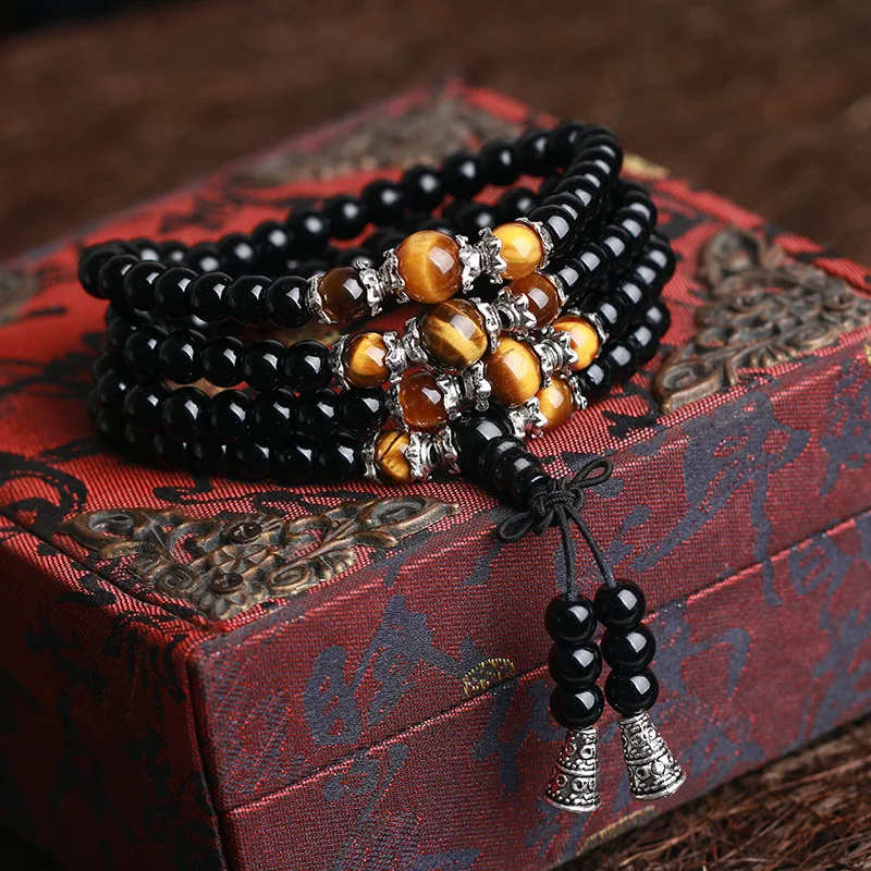 

108 Onyx with Tiger's eye Bracelet Black Onyx Stone Tibetan Silver Buddha Bracelet for Women Men Jewelry Hand Made Accessories
