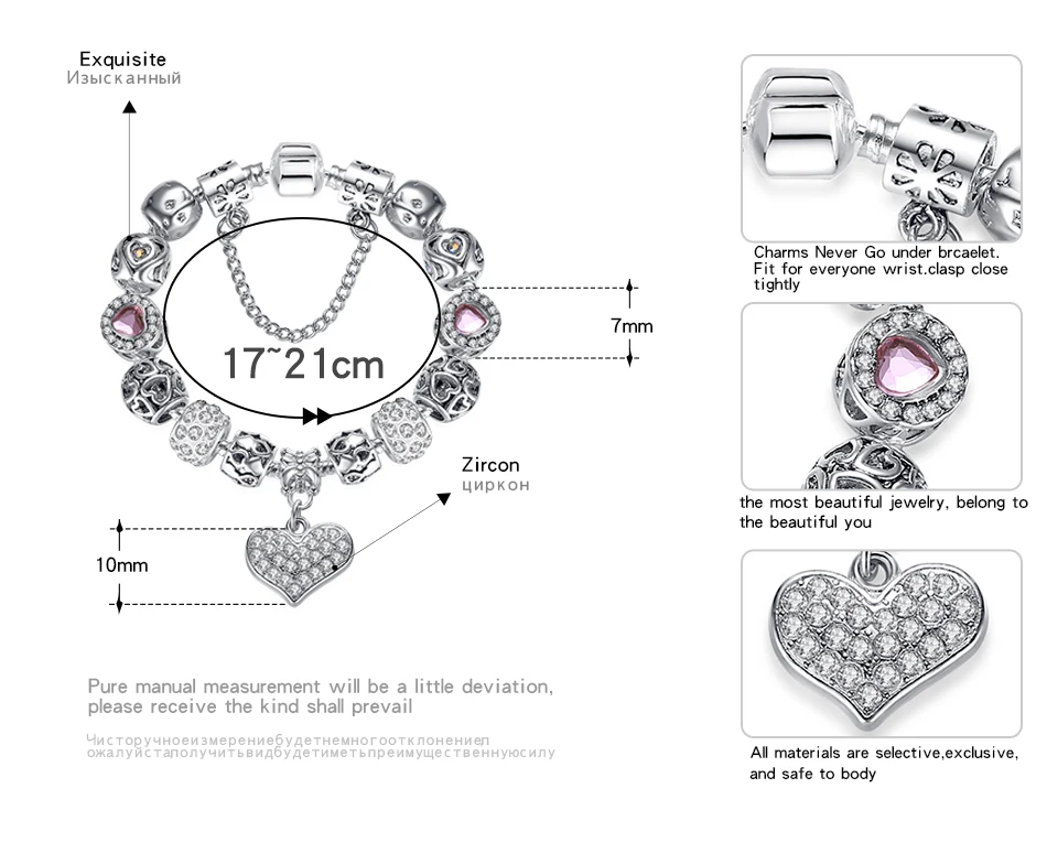 BELAWANG роскошный цвет серебра талисман браслет и браслет с сердечком Кристалл бусины браслет для женщин Свадьба Рождество ювелирные изделия