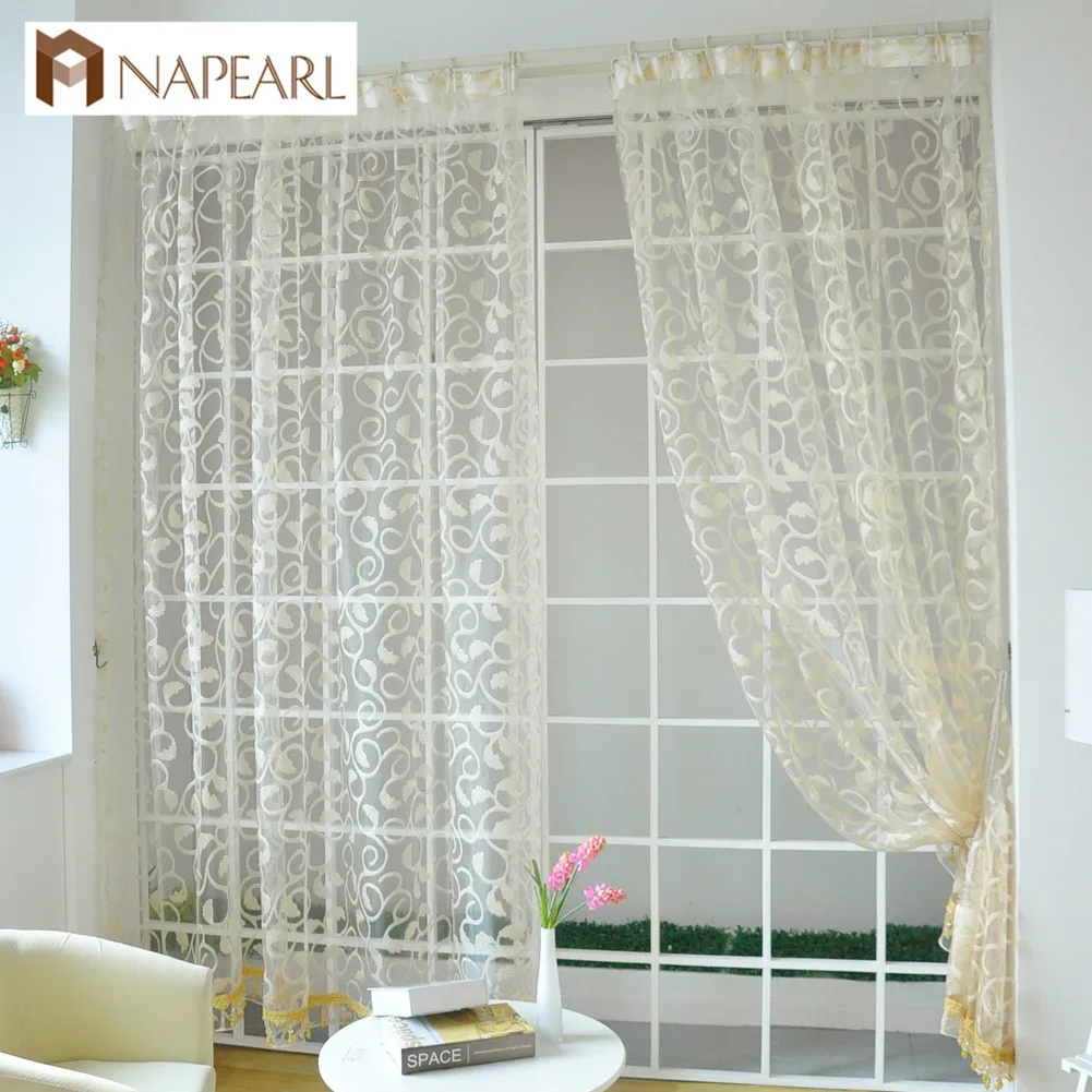 

NAPEARL Leaves Vine Jacquard Draped White Cream Simple Design Curtains for Bedroom Windows Transparent Tulle Curtain Ready Made
