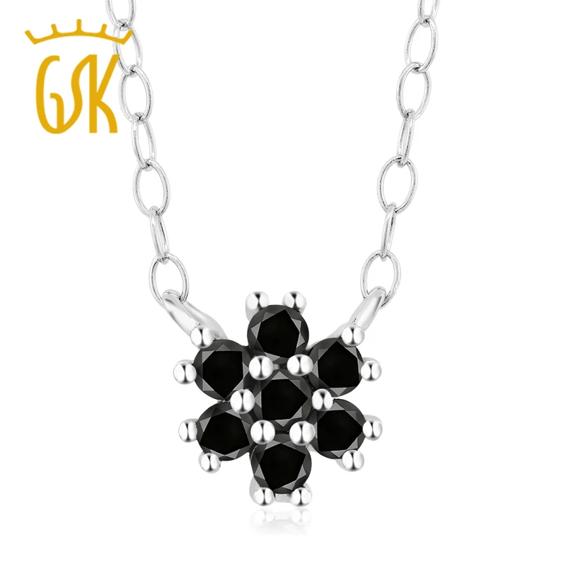 

GemStoneKing Diamond-Jewelry 925 Sterling Silver Natural Black Diamond Flower Shaped Pendant Necklace For Women