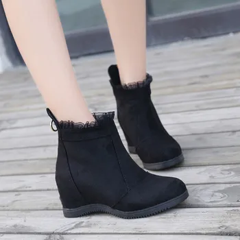 

Vogue Boots Women Lace Wedges Flock Ankle Boots For Women Zipper Autumn Casual Female Shoes Nice Black Bottes Femme