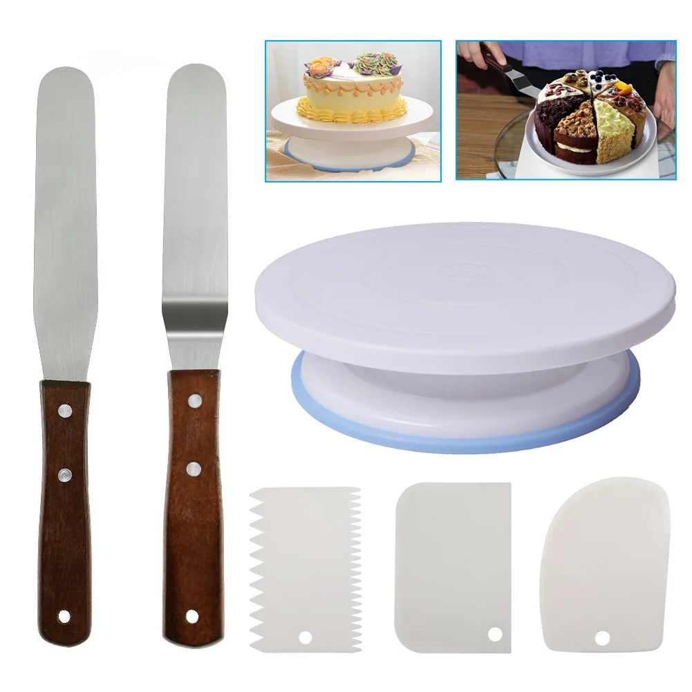  1 Set Cake Decorating Turntable Rotating Cake Stand with Comb & Icing Smoother + Icing Spatula TB S