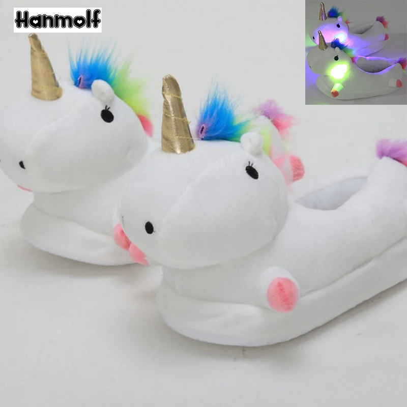 

Glowing Unicorn Plush Slippers Illuminated Cartoon Unicorn Animals Heeled Slippers Indoor Winter Kids Adults Shoes Gift