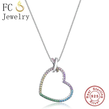 

Genuine Solid 925 Silver Love Heart Pave Cubic Zircon CZ Crystal Rainbow Pendant Necklace Women Jewel with Silver Box Chain 18''