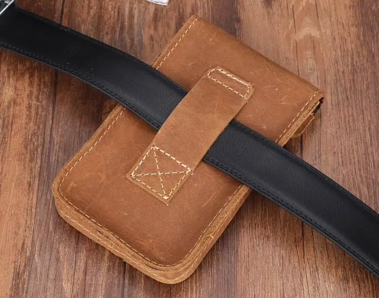 High Quality Crazy Horse leather Waist pack Phone Bag Belt Pouch Holster Cover Genuine leather hand made hasp phone bags