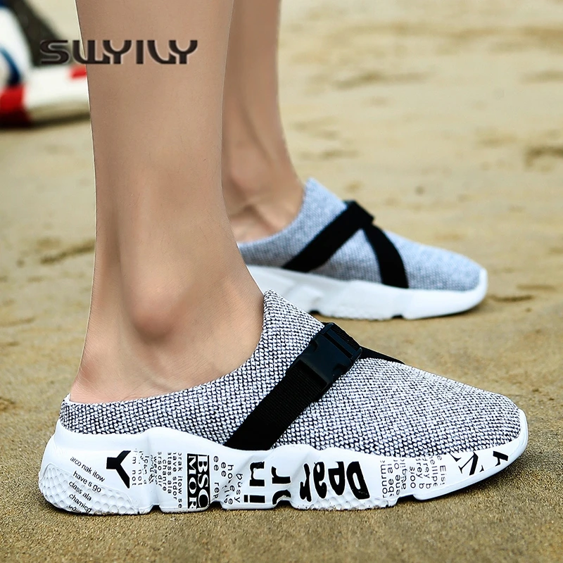 SWYIVY Men Slippers 46 Bandage Breathable 2018 Summer New Male Half Slippers Hole Clogs Shoes Wedge Boy Casual Slides Platform