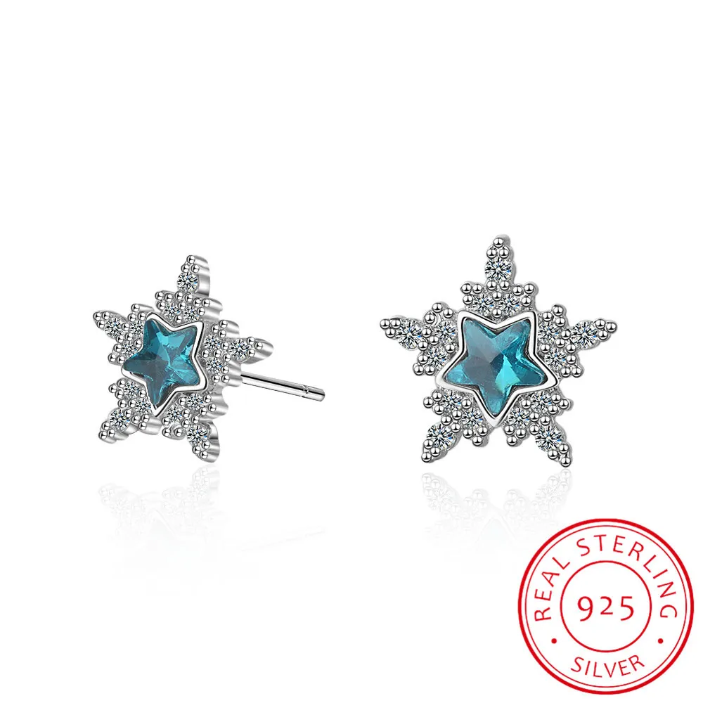 

100% 925 Solid Real Sterling Silver Jewelry Blue Star With Luxury Cz Stud Earring For Teen Girl Friend Kid Lady Xy103