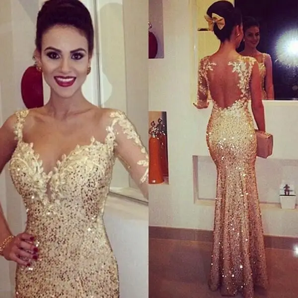 Best Offers Long Lace Custom Made 2018 Sheer Jewel Sexy Champagne Lace One Long Sleeve Formal Gowns Backless Mermaid bridesmaid dresses Best Offers Long Lace Custom Made 2018 Sheer Jewel Sexy Champagne Lace One Long Sleeve Formal Gowns Backless Mermaid bridesmaid dresses