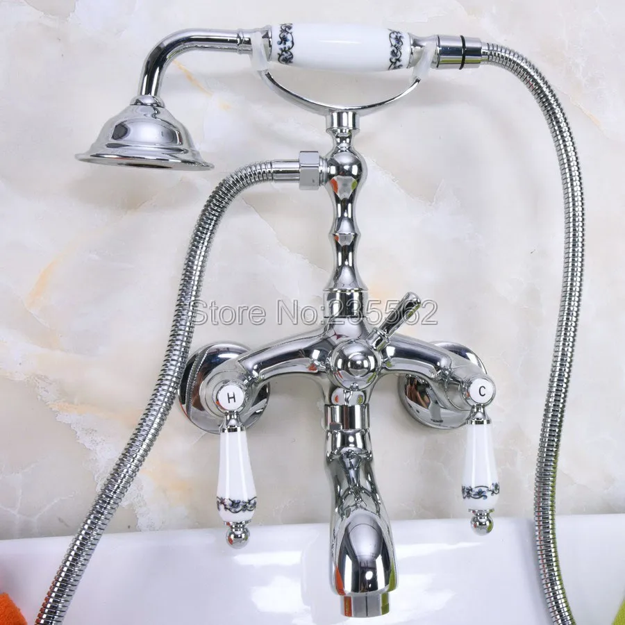 Chrome Wall Mounted Clawfoot Bathtub Shower Faucet Handheld Shower