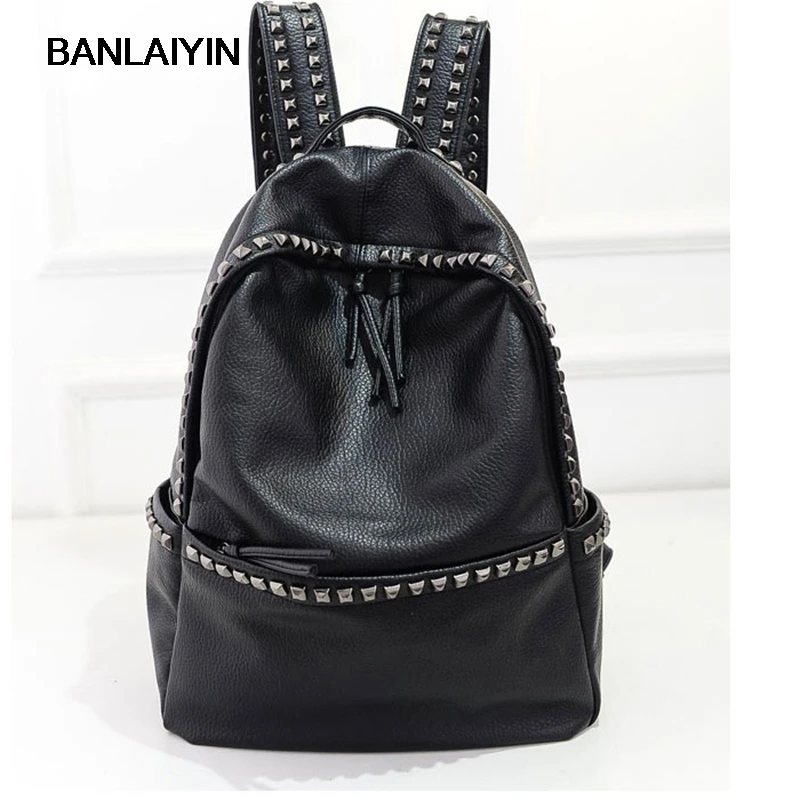 Korean Style Large Size School Bags For Teenage Girls Lady PU Leather Casual Rivet Backpacks Womens