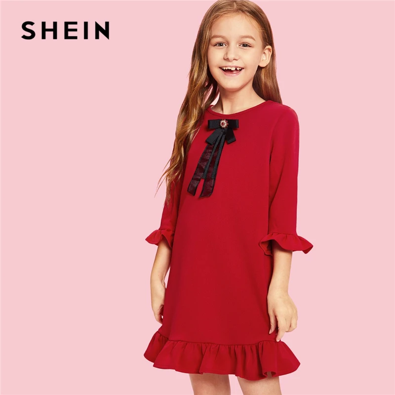 SHEIN Girls Red Ruffle Trim Bow Front With Beading Elegant Dress Kids Clothes 2019 Spring Korean Flounce Sleeve Cute Girls Dress