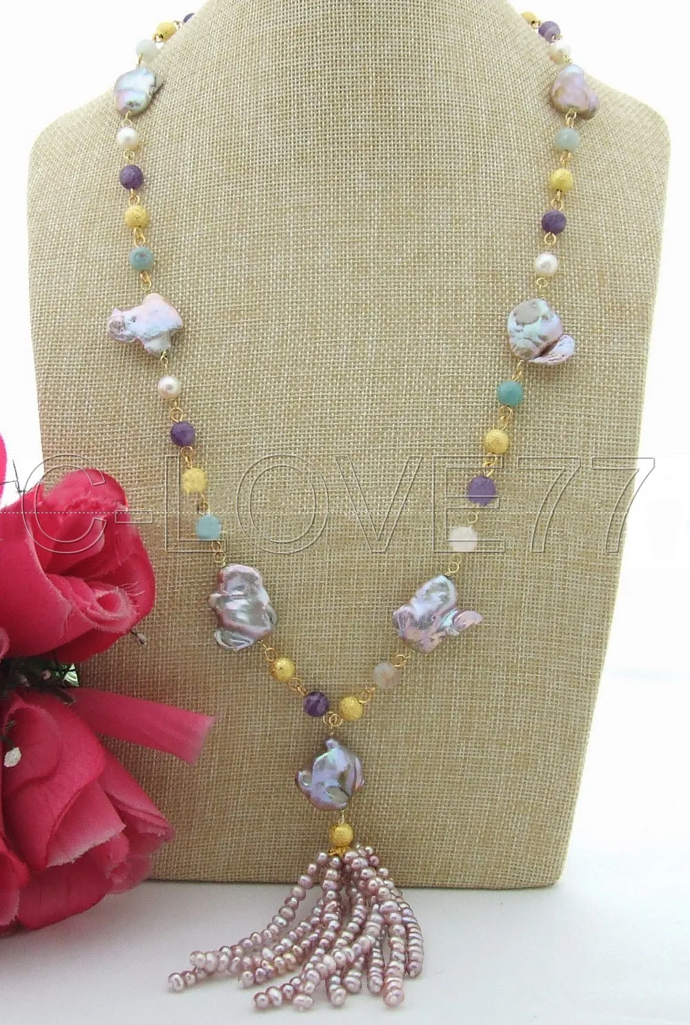 

28'' 25mm Keshi Pearl&purple crystal&Onyx Necklace free +shippment