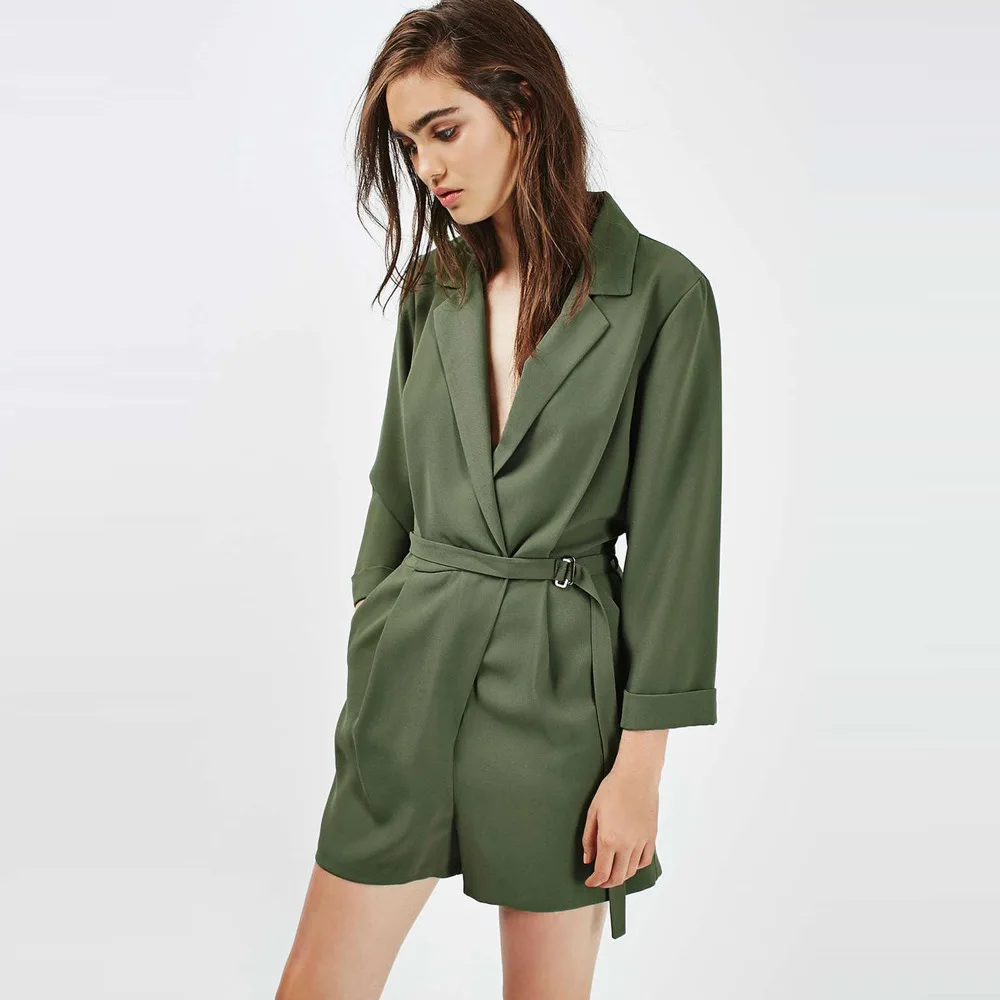 

Army Green Wide Leg Belted Striped Tee Romper Women Three Quarter Sleeve V Neck Playsuit Office Lady Workwear Autumn Rompers