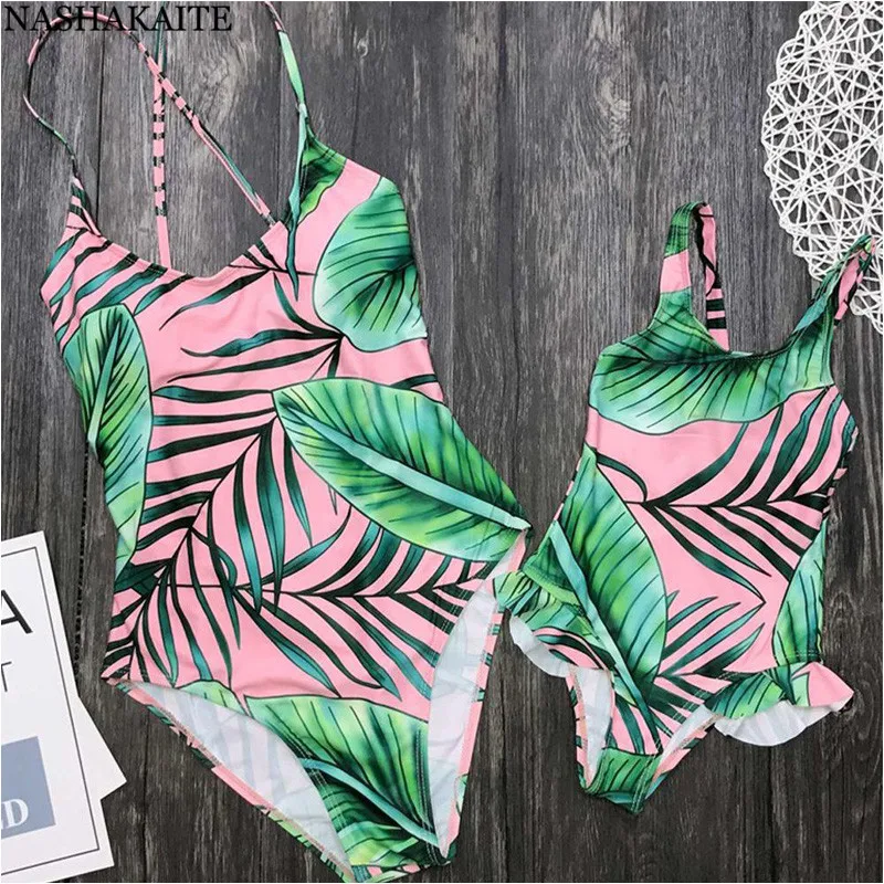 

NASHAKAITE Mother daughter matching swimsuits Tropical Leaf Print Backless Bandage One Piece Beachwear Swimsuit Mother Daughter