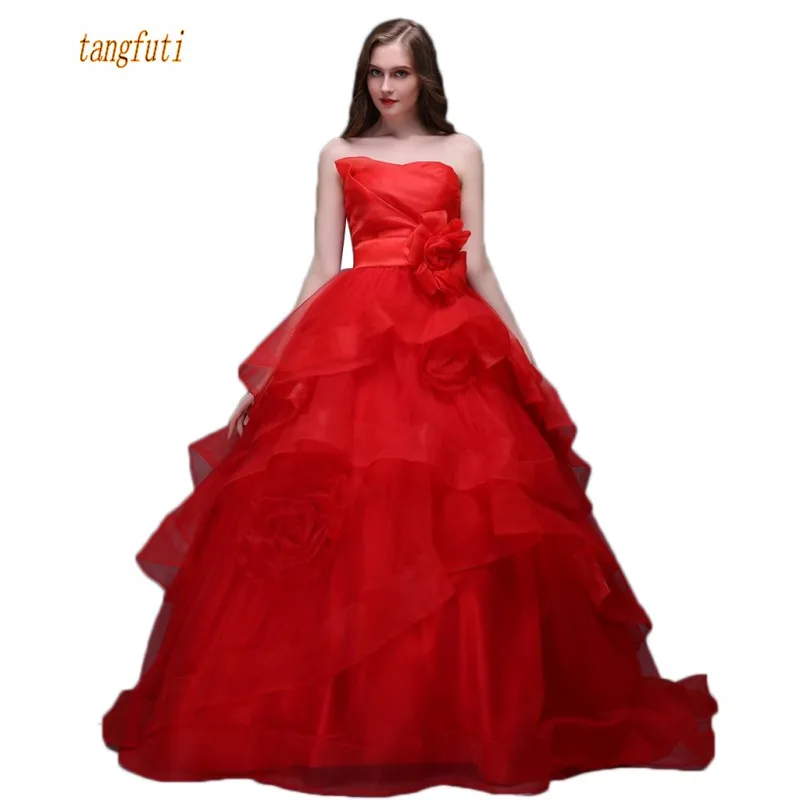 red flower ball gown