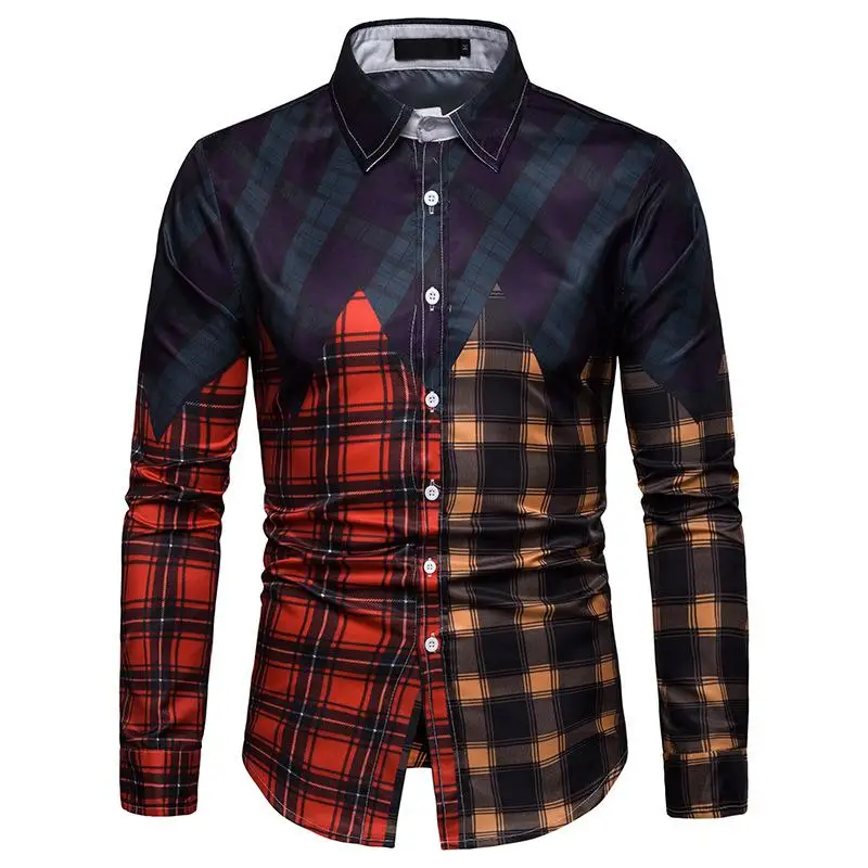 

Multicolor Plaid stitching Mens Shirts Casual Long sleeve Shirt Hawaiian Blouse Men clothes
