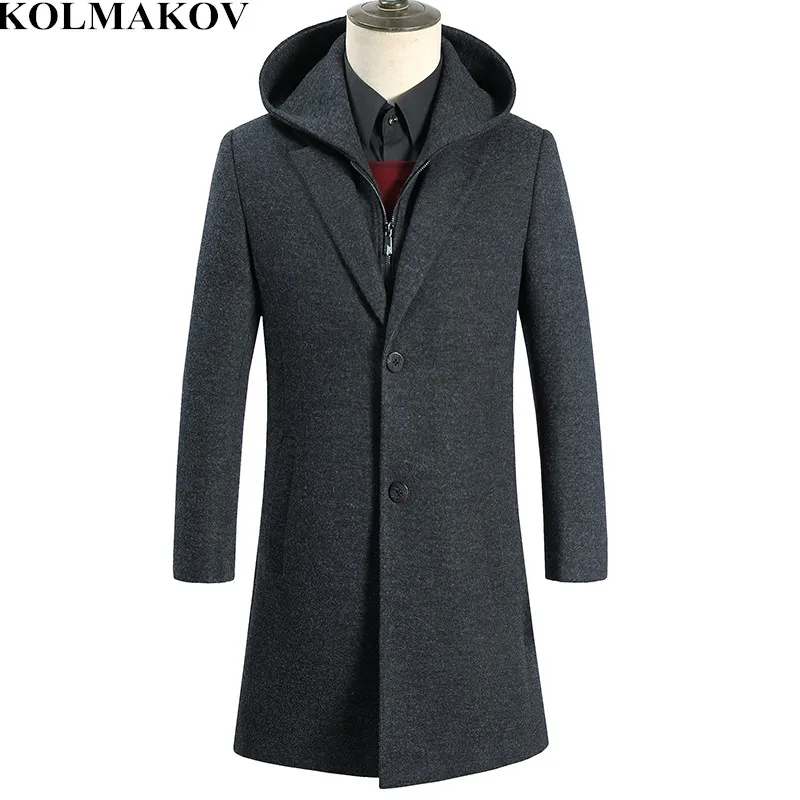 

KOLMAKOV Men's Clothing 2019 New Mens Woolen Coats Classic Hooded Windbreakers Man Wool Trench Coat for Men Slim Fit Overcoat