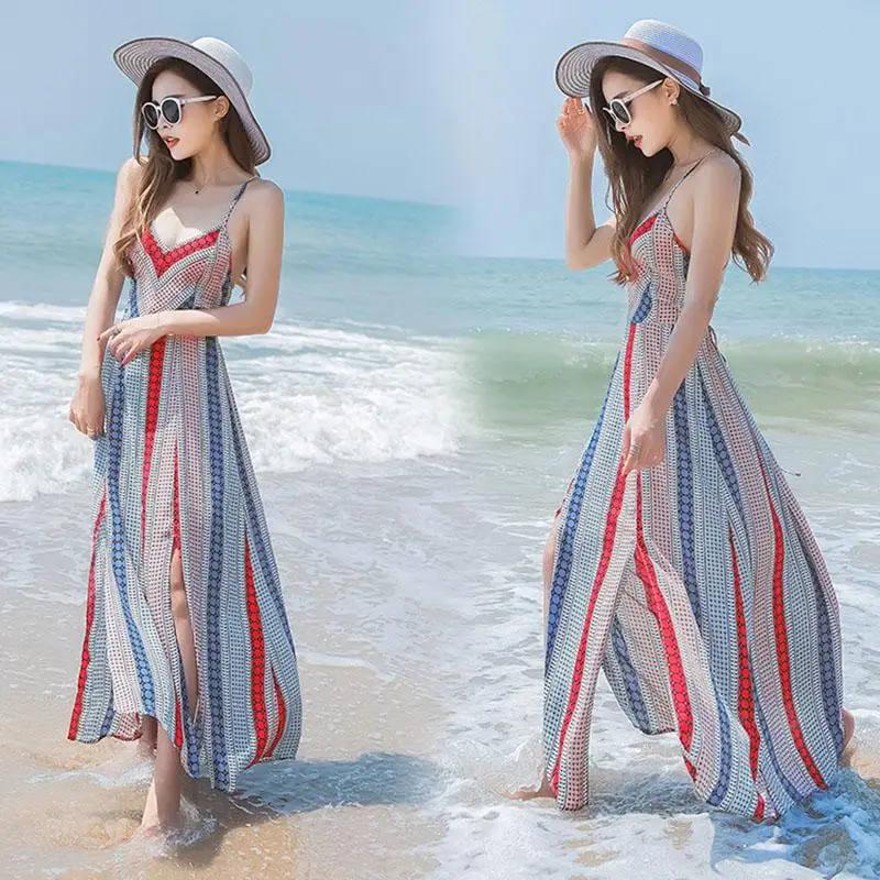 2017 Printed Striped Summer Dress Women Flair Chiffon One Piece