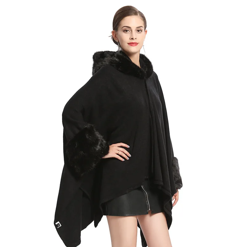 2018 Fashion Women Winter Capes Faux Fur Collar Knitted Open Stitch Poncho Long Sleeve Cardigan Thick Warm Cloak Coat With Hat