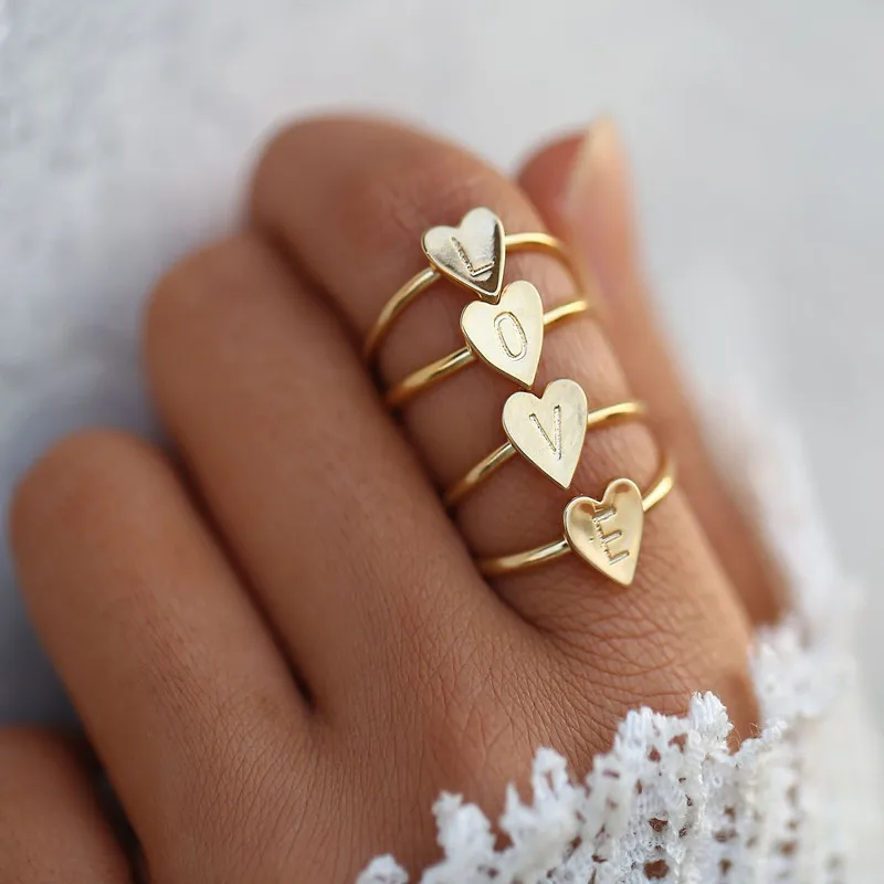

DIY Initial Ring Bohemian Couple Rings For Women Simple Gold Silver A-Z Letter Heart Ring Wedding Party Charm Jewelry Gifts