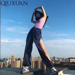 Qiuxuan шнурок талии для женщин мотобрюки модные сетчатые ушко Дышащие длинные дамские шаровары кнопки сбоку повседневное Спорт