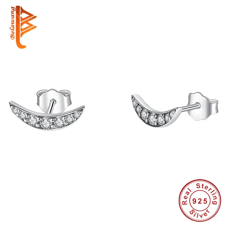 BELAWANG Настоящее серебро 925 проба гороховый стручок серьги гвоздики для женщин девушек Дамы Луна маленькие серьги модные весенние ювелирные изделия