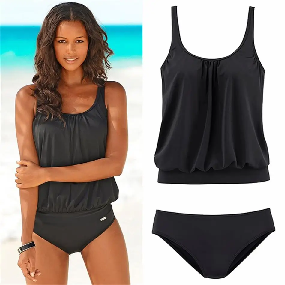 2018 Black Solid Bandeau Bikini Set Wire Free Summer Bathing Low Waist Female Swimming Suit Triangle Padded Bikinis