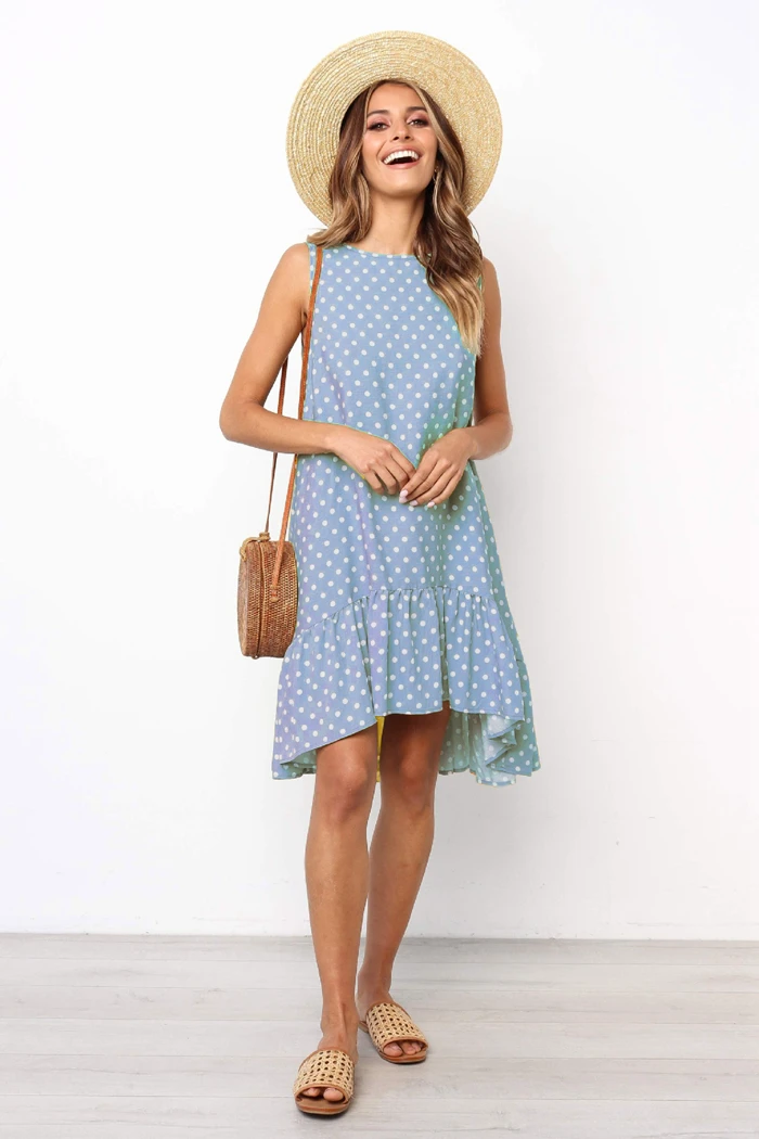 

Vintage Dot Summer Dress Women 2019 Summer Light Blue Sleeveless High Waist Mini Dress Elegant Office Ladies Dresses Female