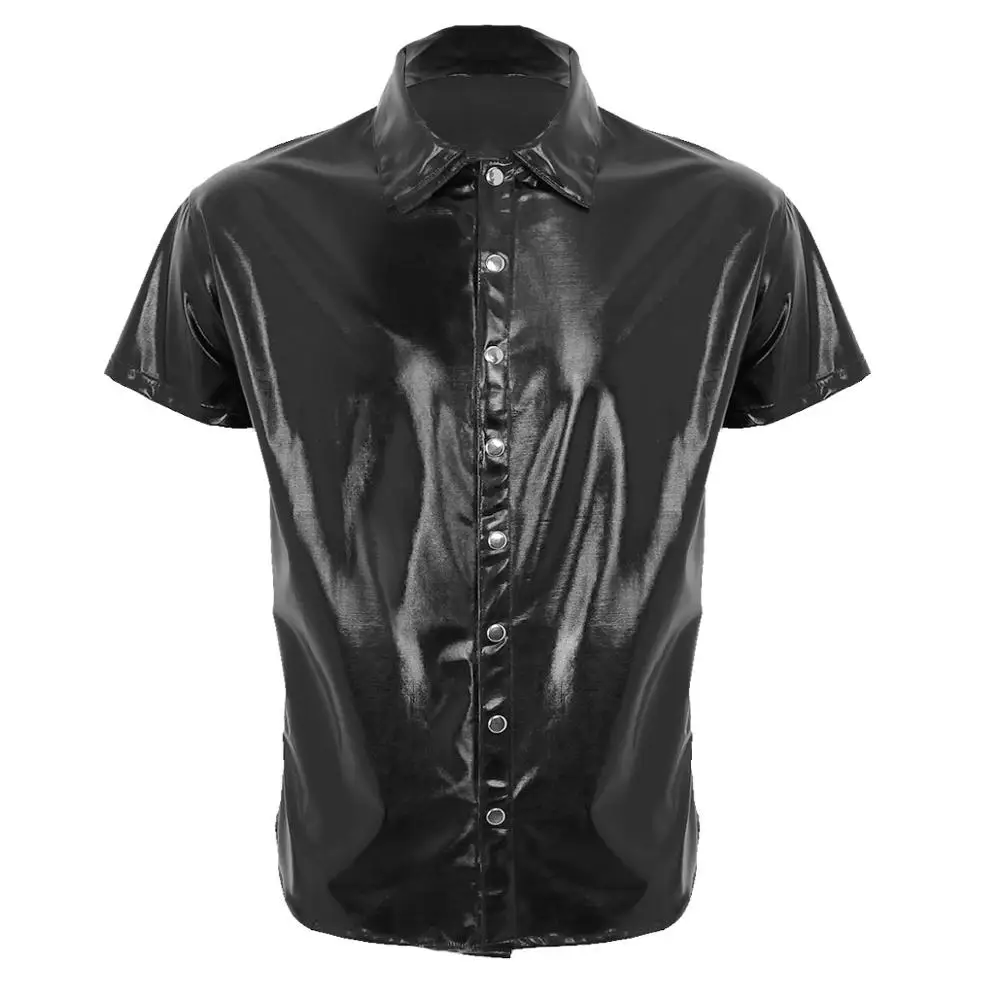 Iiniim Мужская модная сексуальная клубная одежда из лакированной кожи рубашка майка для мужских костюмов вечерние топы уличная мужская одежда - Цвет: Black