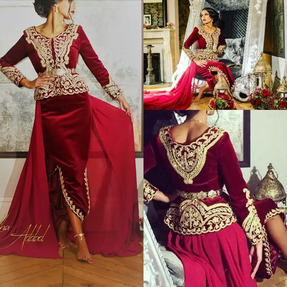 

Caftan karakou algerien Prom Formal Dresses with Long Sleeve 2019 Burgundy Velvet Gold Lace Peplum Occasion Evening Gown Wear