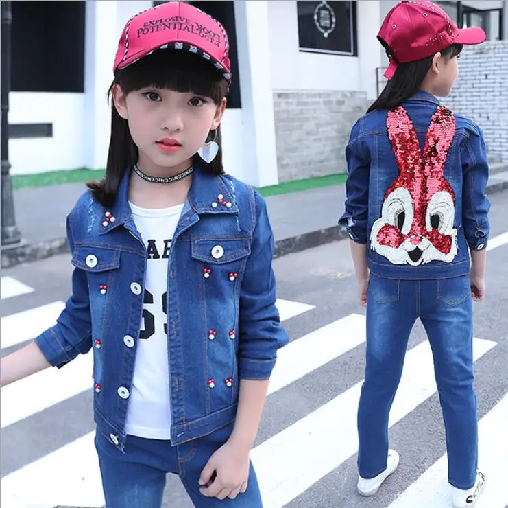 

2018 Girl Denim Suit Spring Autumn Hot Children Suit Girls Cotton cartoon Denim Jacket +T-shirt+pants 3pcs set 4-13years