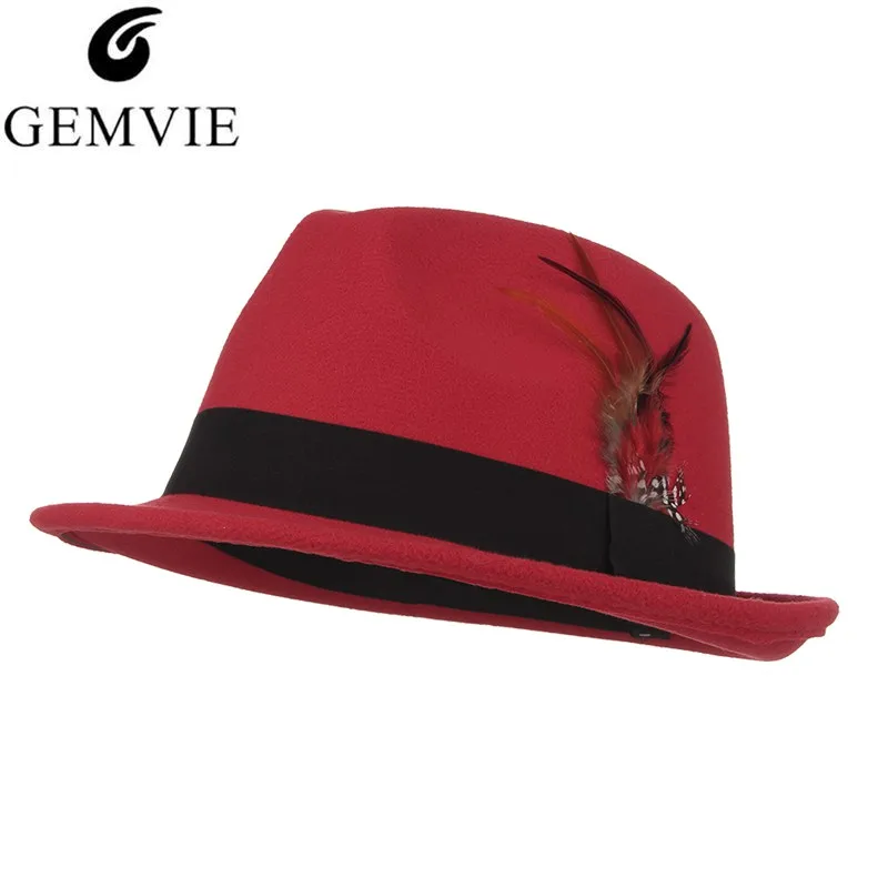 

Classical Jazz Cap Hats Men Wool Fedoras Feather Decor Solid Color Felt Trilby Cap Church Hat Casual Jazz Caps Male Fedoras