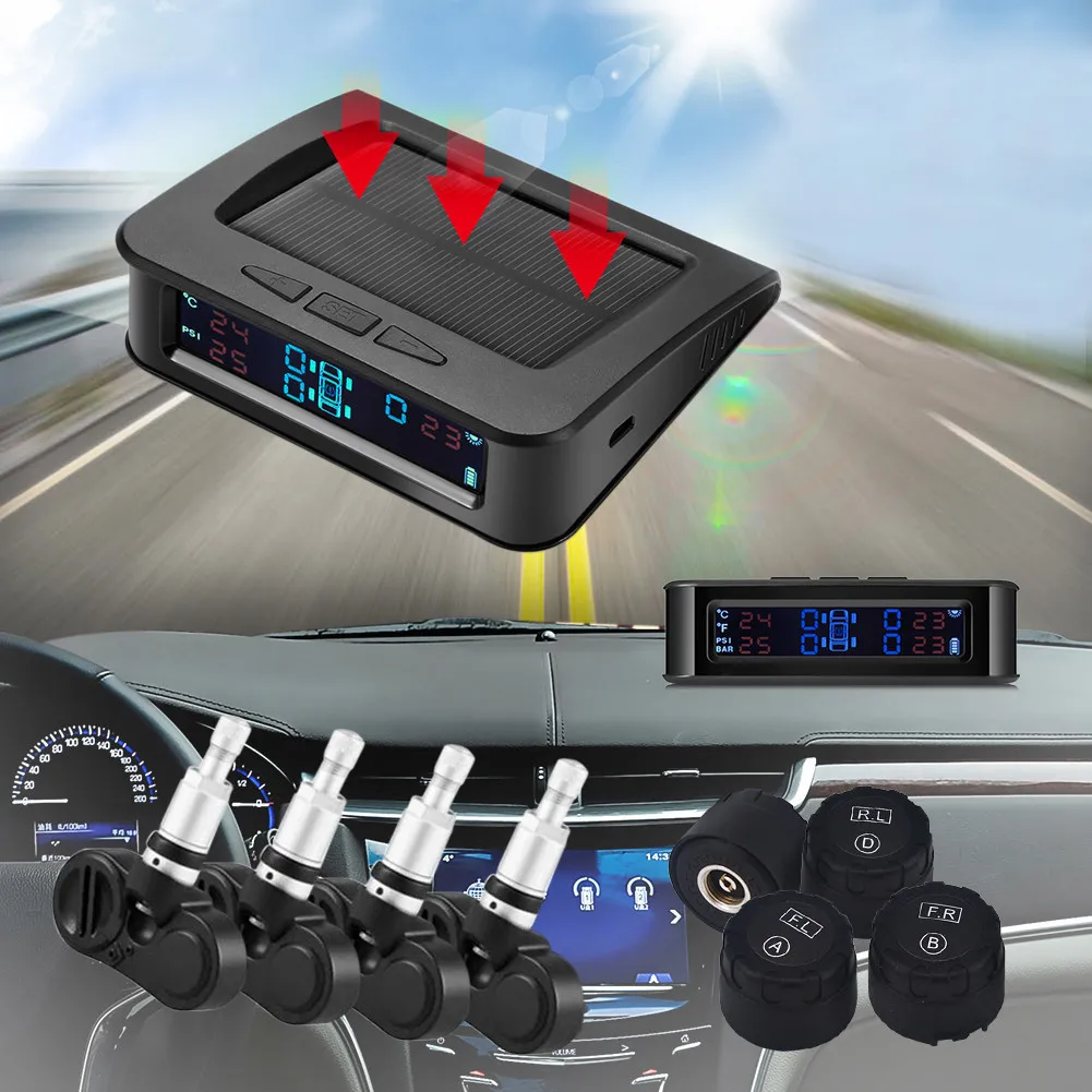 

Solar Powered TPMS Car Tire Pressure Monitor System 4 External Internal Sensors Temperature Real Time Digital Display Alarm