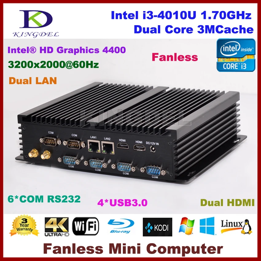 8 г Оперативная память + 64 г SSD + 500 г HDD Intel Core i3 4010u small computer, dual LAN, 2 HDMI 6 COM RS232, USB 3.0, Wi-Fi, без вентилятора промышленного ПК