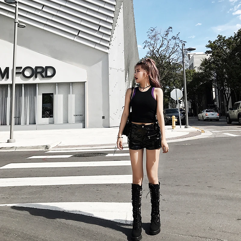 Puro Verano De Primavera Caliente Pantalones Nuevo Negro Cortos 2018 Cremallera Y Pu Con Cuero wYgqPnEZx