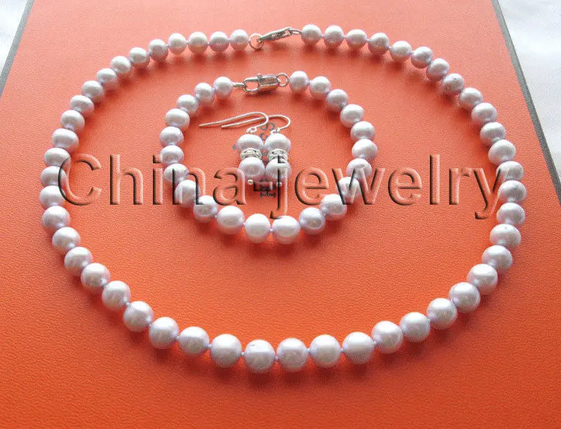 

8"+17" 8-9mm light purple round freshwater pearl necklace & bracelet & earring ^^^@^Noble style Natural Fine jewe FREE SHIPPING