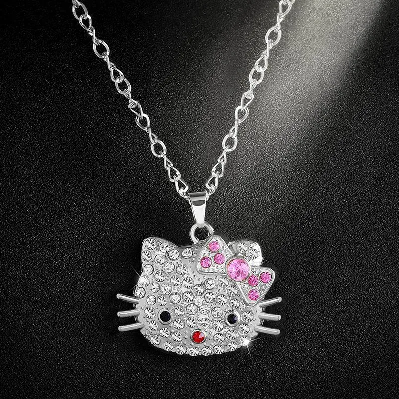 Милые ювелирные изделия hello kitty, серебряная цепочка, ожерелье с длинной хрустальной кошкой из горного хрусталя, длинное ожерелье для женщин, подарки nke-n18