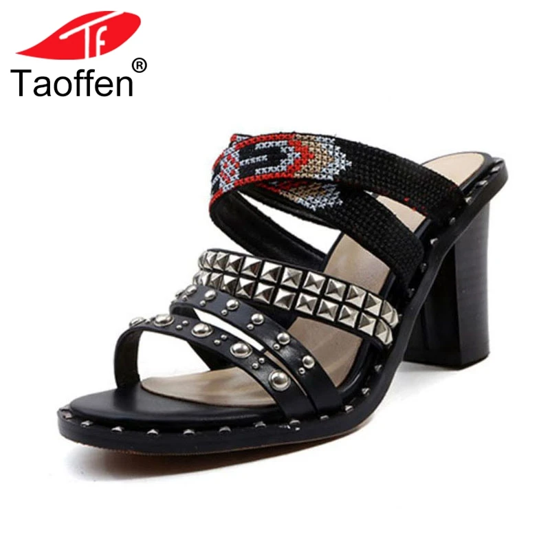 

TAOFFEN Women High Heel Sandals Real Leather Slip On Thick Heel Vintage Rivets Print Sandals For Party Footwear Size 34-39