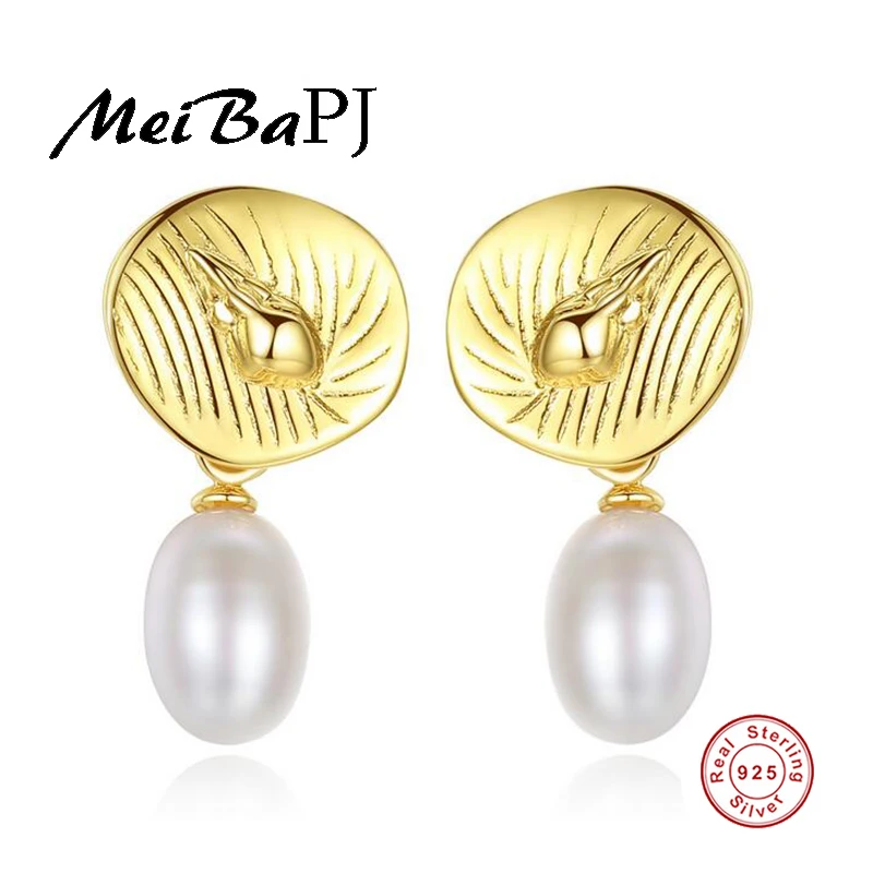 

[MeiBaPJ]Individualization Golden Color Natural Pearl Earrings Real 925 Sterling Silver Drop Earrings for Women SY
