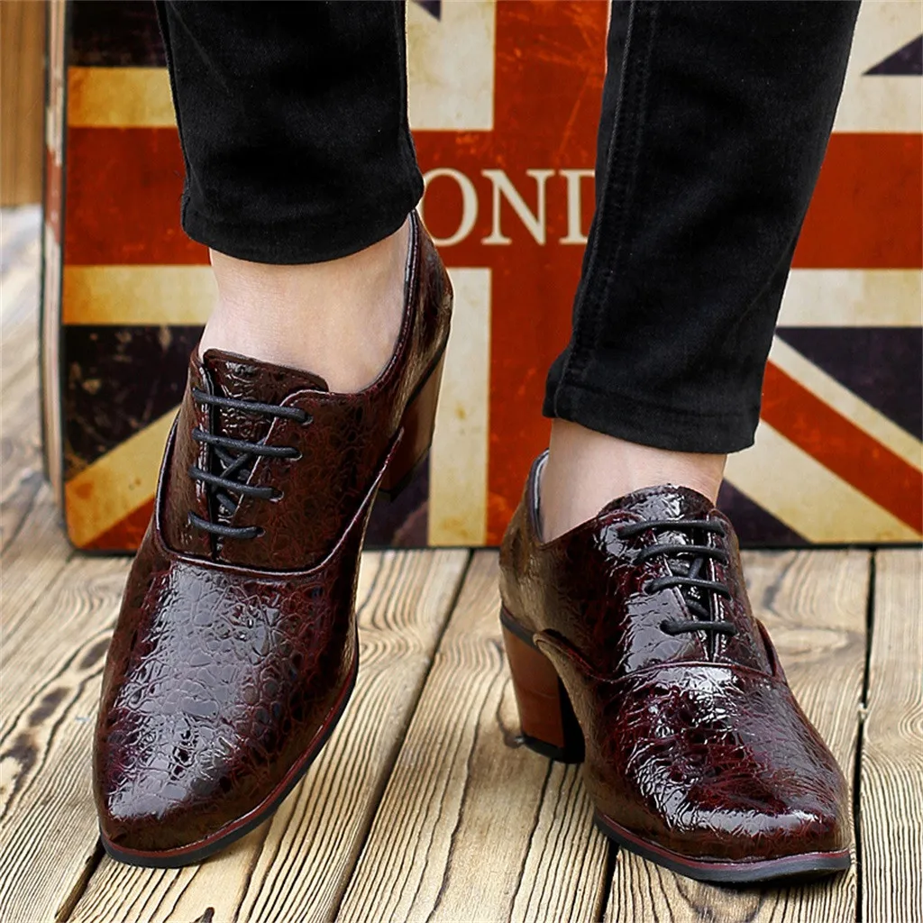 Men Pointed Toe leather shoes Lace-Up Alligator Pattern Busines Dress shoes British style High heel Male Wedding shoes 7.11