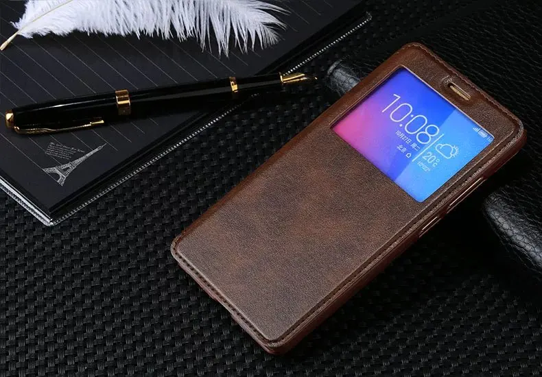 Роскошный кожаный флип-чехол с окошком для huawei Honor 5X X5 GR5 GR5W Kiw-L21 чехол-подставка для телефона с функцией автоматического сна - Цвет: brown