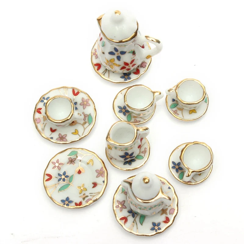 

1:12 Mini Colorful Floral Ceramic Tea Set Doll house Furniture Dining Ware Dish Cup Plate Ornaments Figurines Gadget Craft
