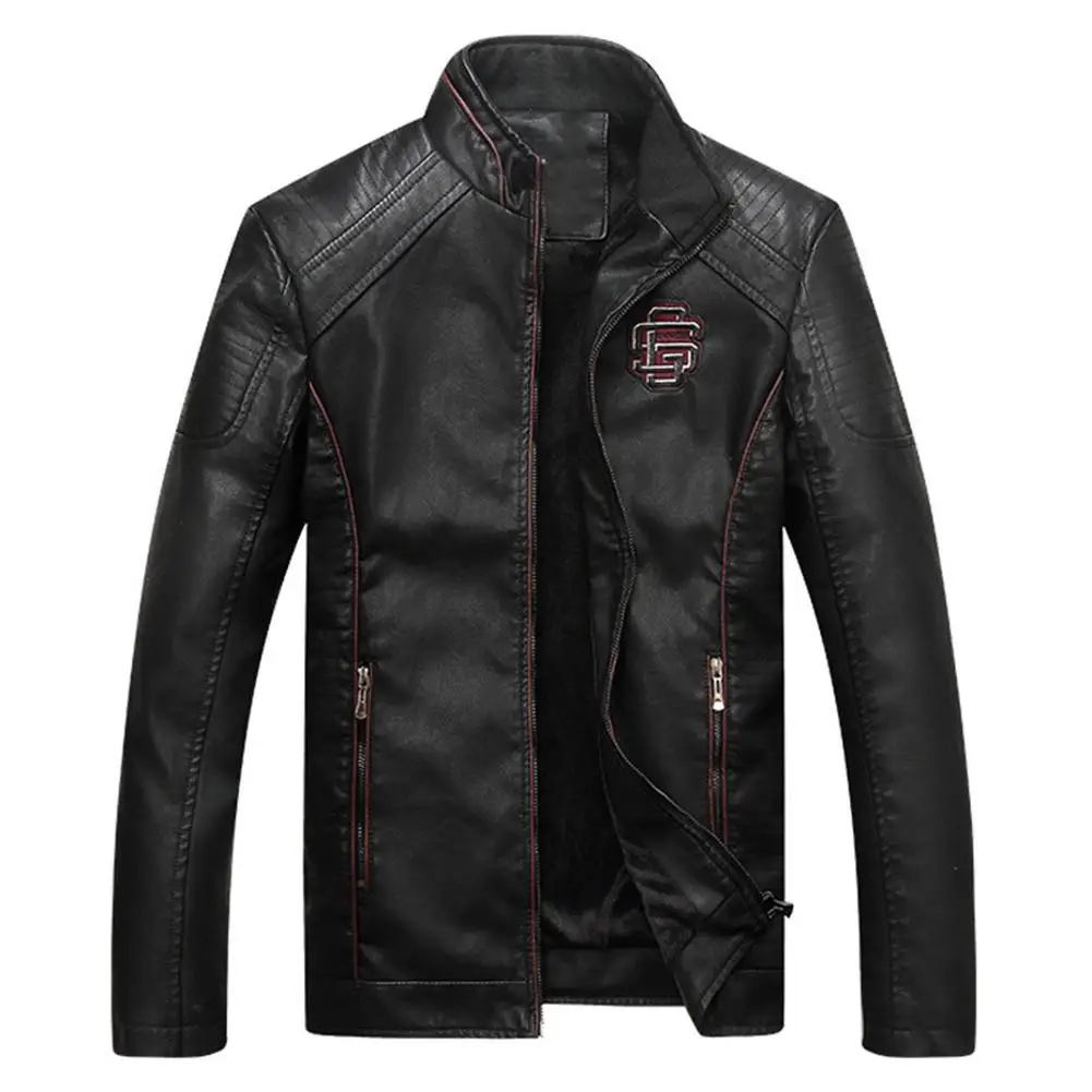 

Sanwood Winter Men Motorcycle Faux Leather Bomber Jacket Stand Collar Long Sleeve Coat